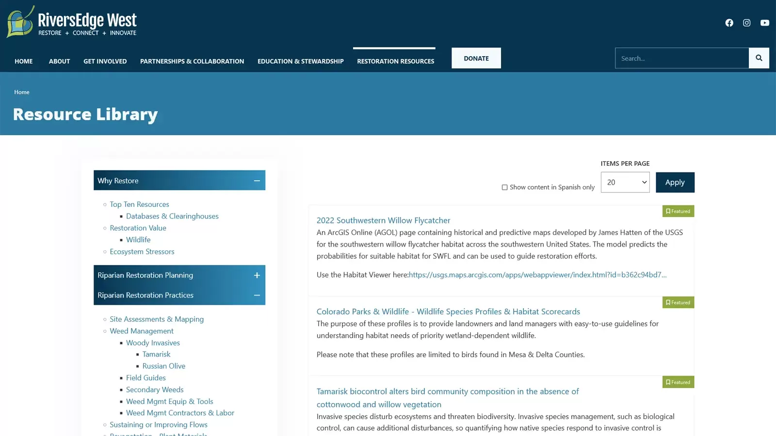 Screen capture of the Resources Library on the RiversEdge website.