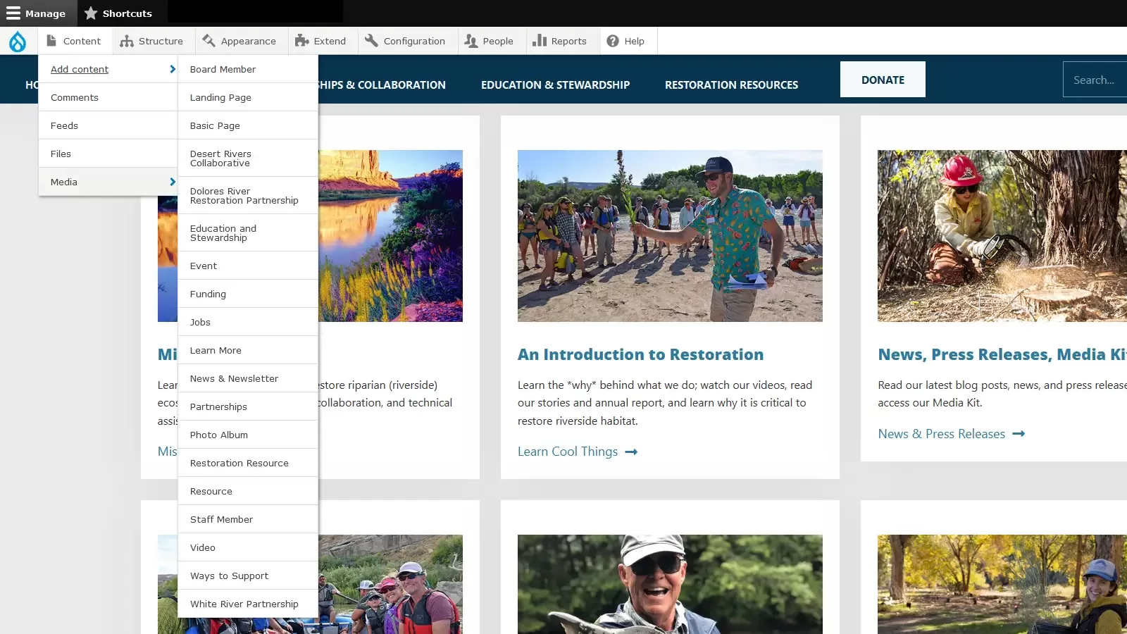 Screen capture of a Drupal CMS administrative menu.