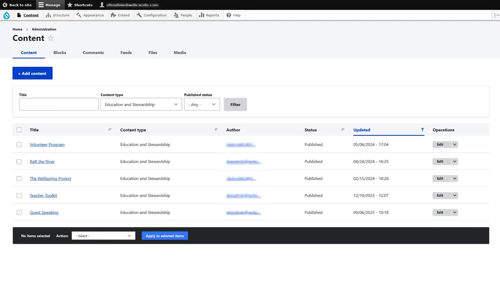 Screen capture of a Drupal CMS main content management page.