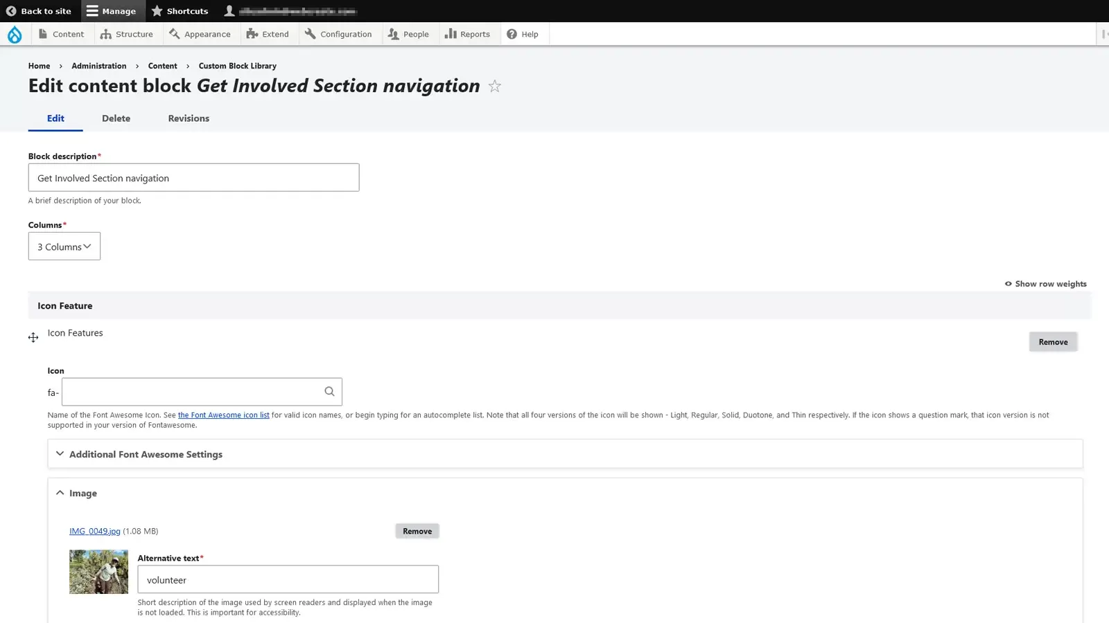 Screen capture of a Drupal CMS block editing feature.
